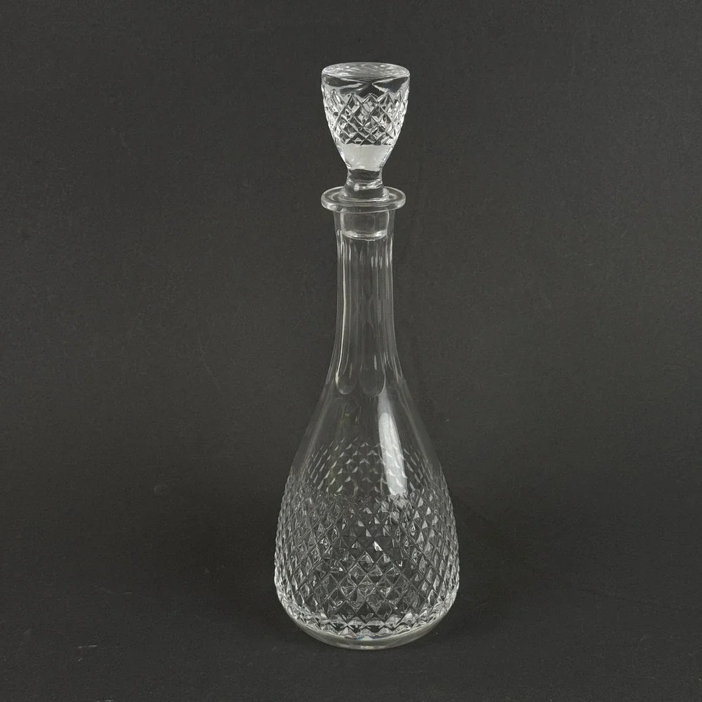 Vintage Pressed Glass Decanter with Stopper Diamond Pattern Star Base 13.5